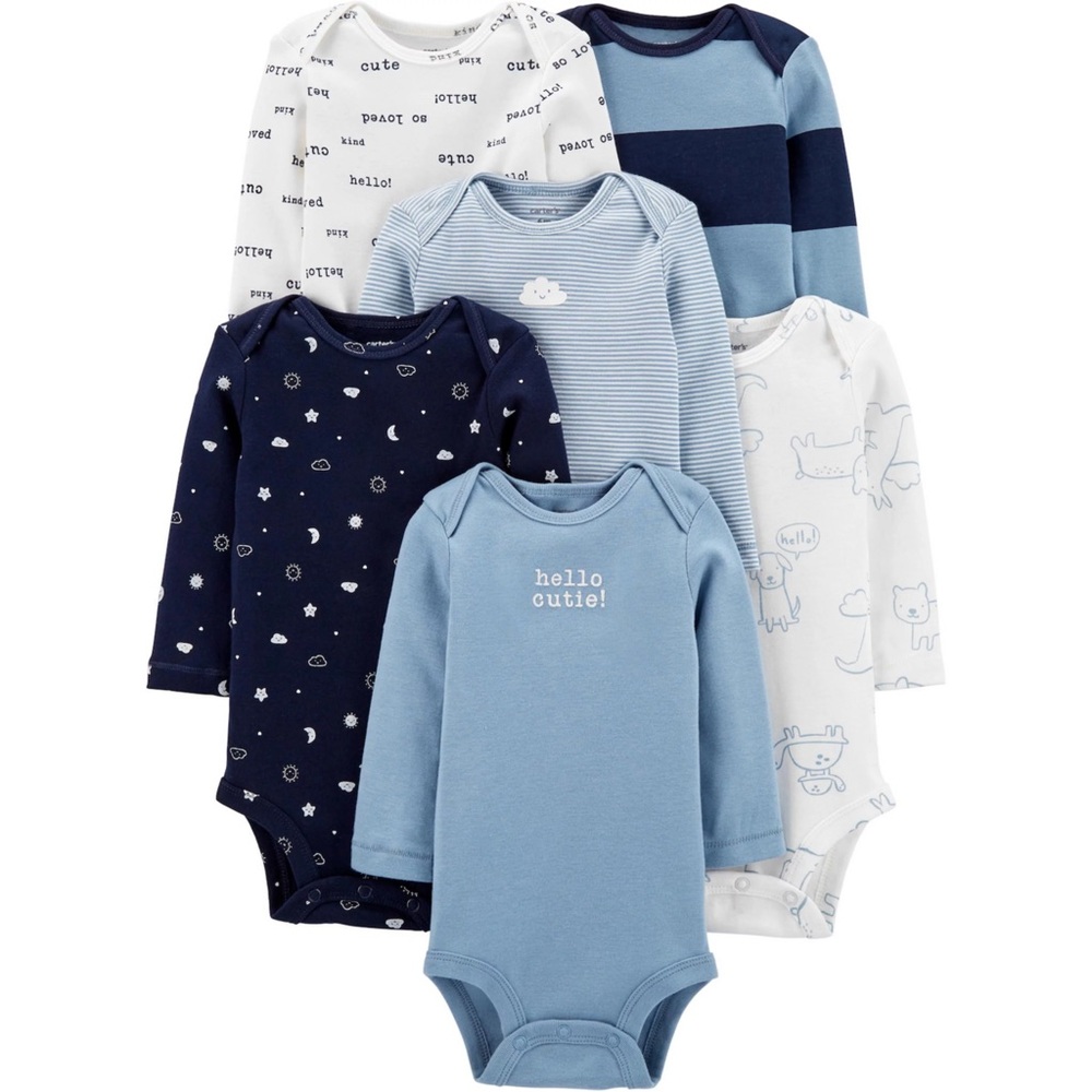 Carter’s 6-Pack Long Sleeve Baby Bodysuits Blue White 3M Cotton EUC